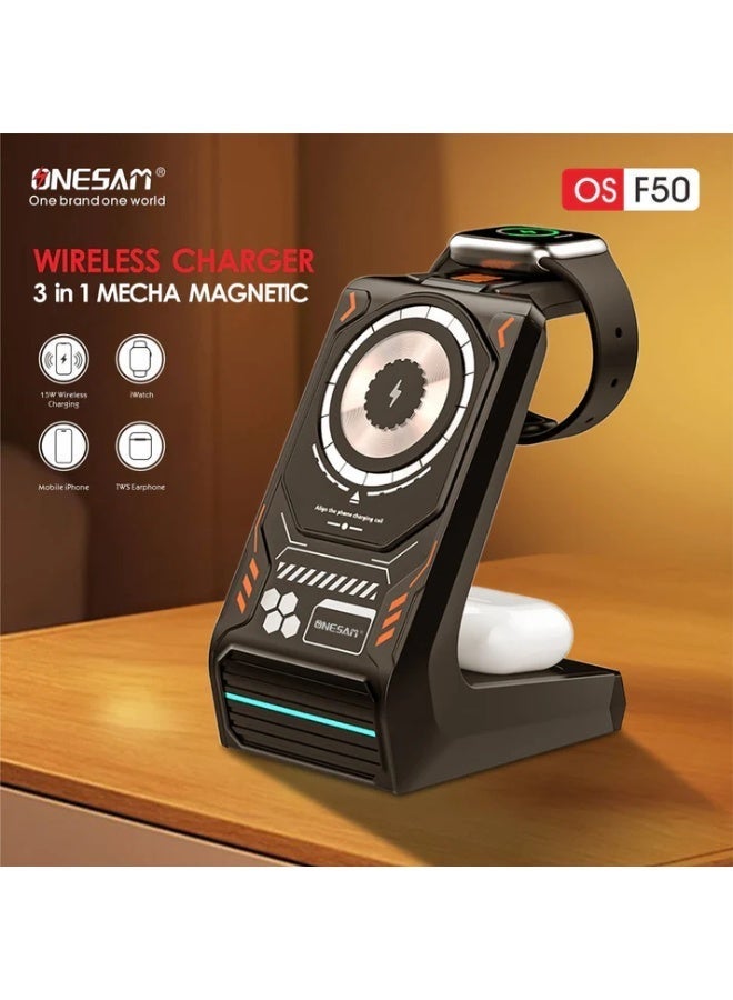 شاحن لاسلكي مغناطيسي ضخم 3 في 1 من ONESAM (OS-F50) - Image 3